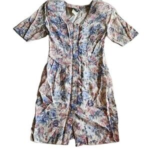 Vtg La Belle Dress Womens Size 5 Cream Neutral Floral Button 90s Midi Fairy